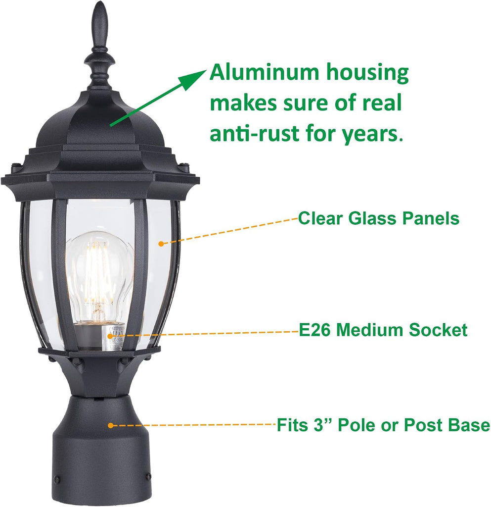 Outdoor Post Lighting Fixture Pole Lantern, 16'' Waterproof Aluminum Post Lamp with Clear Glass, E26 Socket