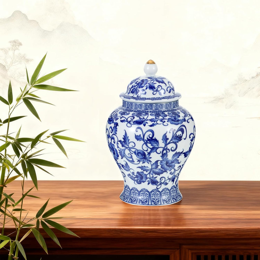 Small Chinoiserie Ginger Jar, 7.87 Inch Ceramic Blue and White Ginger Jar with Lid, Porcelain Ginger Jars Vase