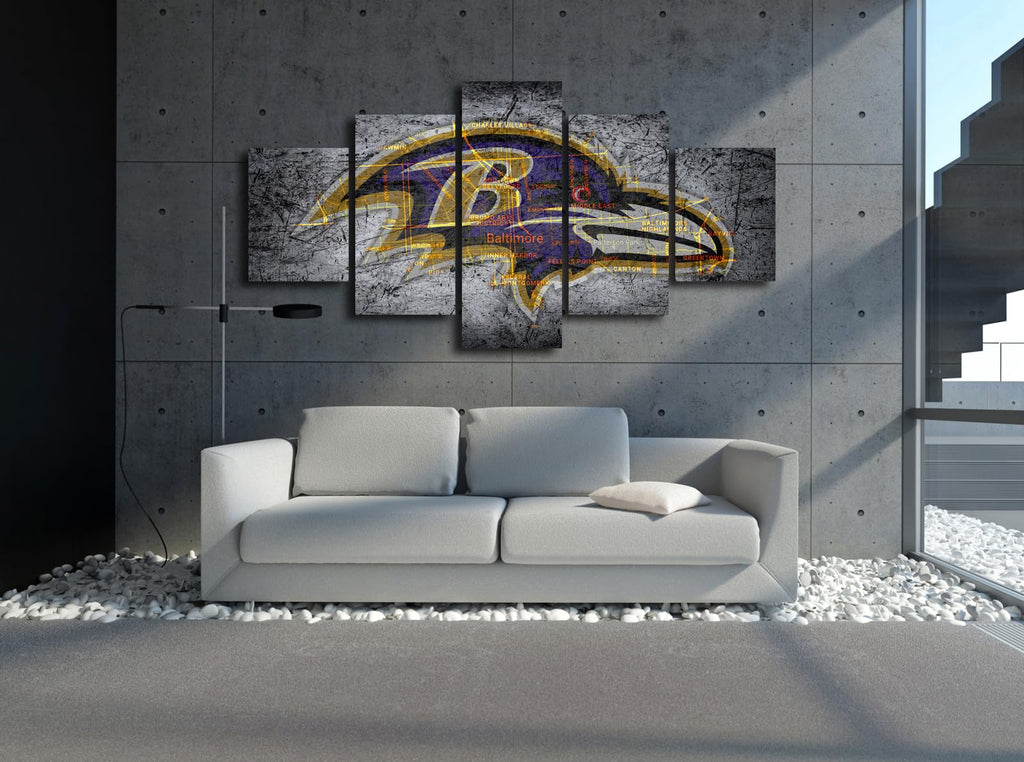 (100X175CM/5PCS) Framed Canvas Print Poster - Ravens emblem showing Baltimore city map - American football Wall Decor