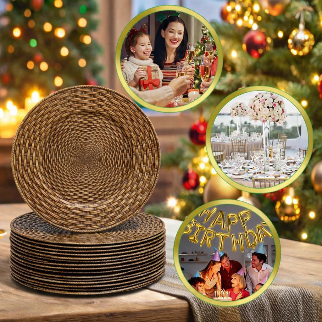 13in Charger Plates Set of 12- Faux Rattan Chargers for Dinner Plates- Brown Round Plastic Plate Charger- Farmhouse