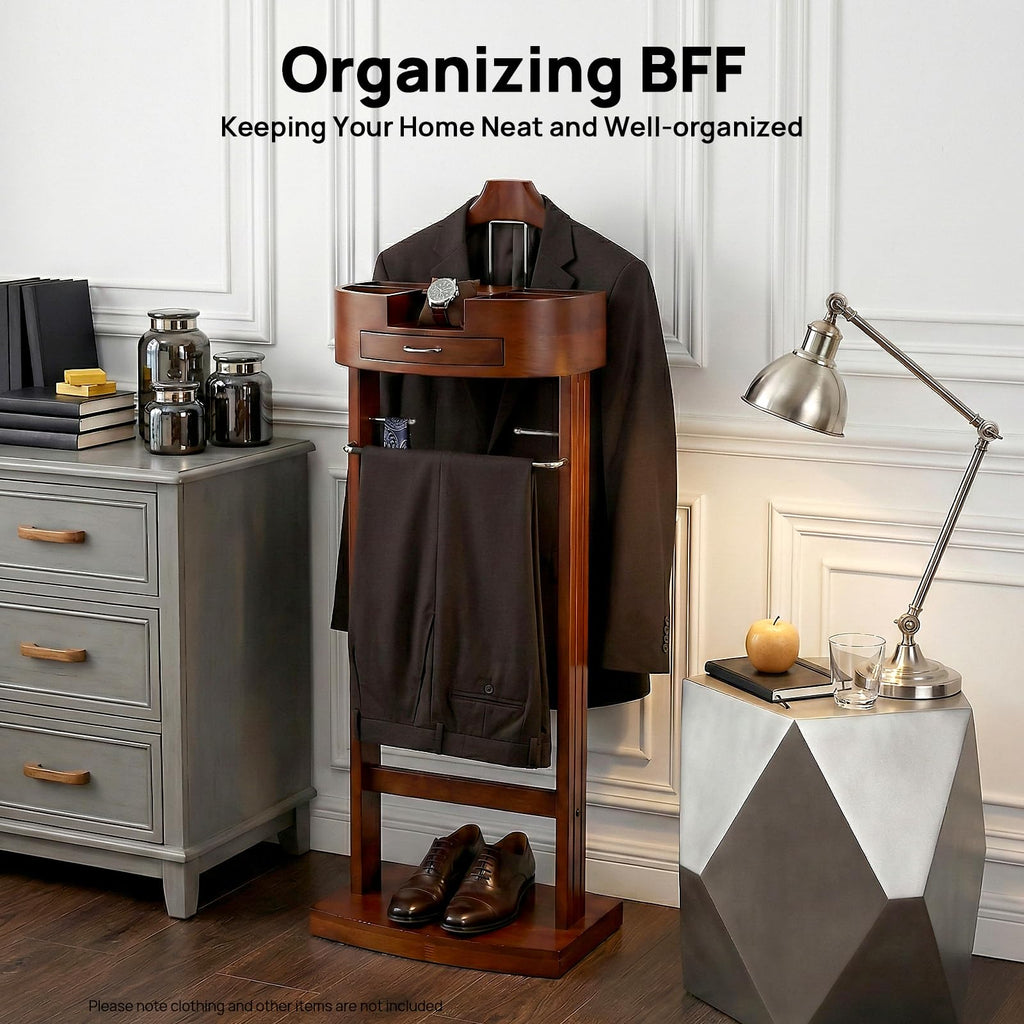 Wood Suit Rack, Freestanding Clothing Valet Stand, Clothes Valet Suit Racks, Valet Stand Clothing Rack Organizer