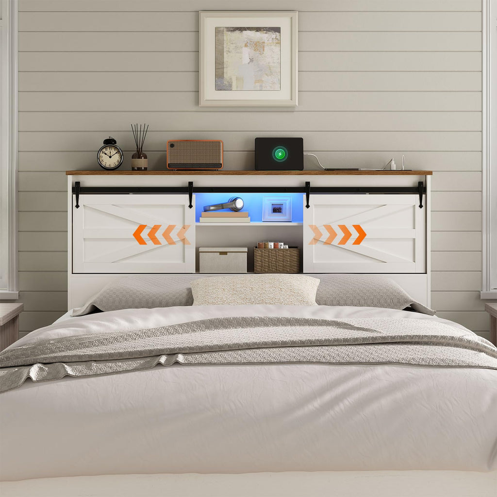 Queen Headboard with Storage Shelf, Farmhouse Queen Headboard Only with Charging Station & LED Lights, Bookcase