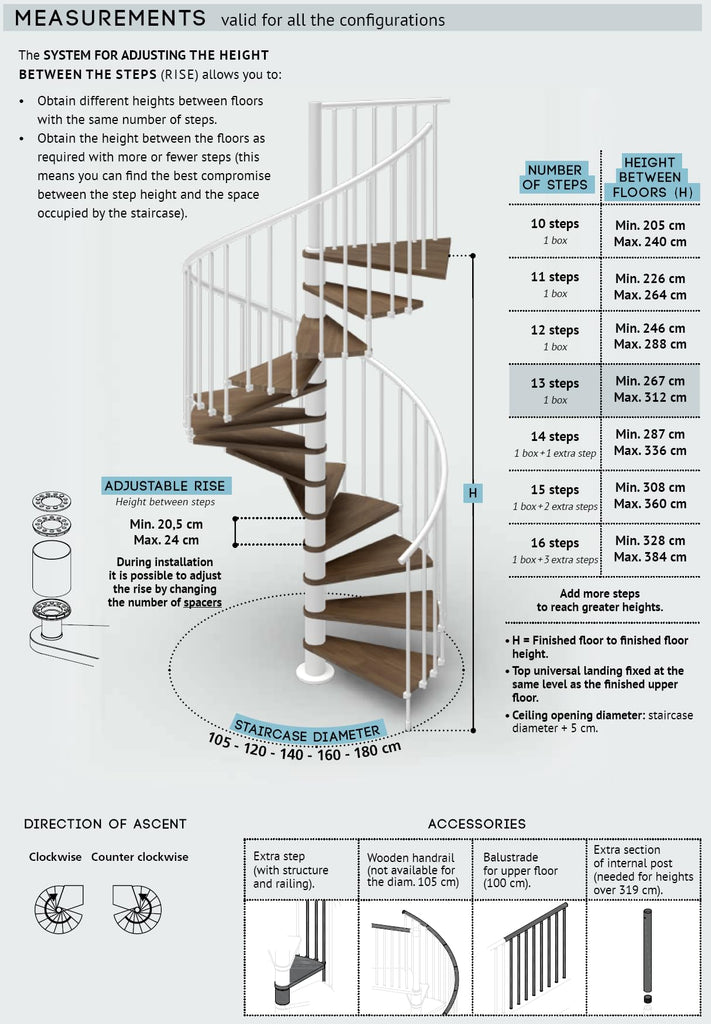 Italian Indoor Spiral Staircase Beech Wood Step 40mm Thick 9 Colors, PVC Handrail & Steel Railing Spacers in 3 Colors