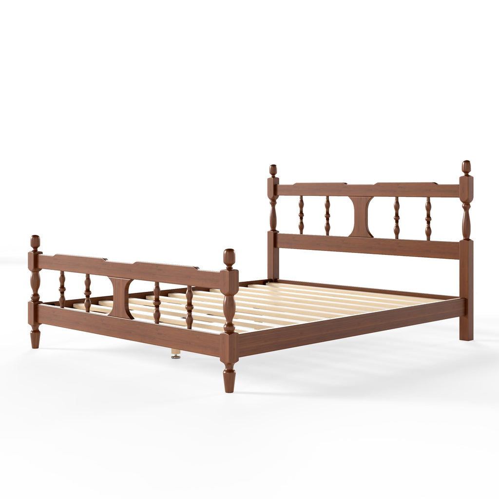Queen Vintage Wood Spindle Post Bed, Bamboo Platform Bed, Brown