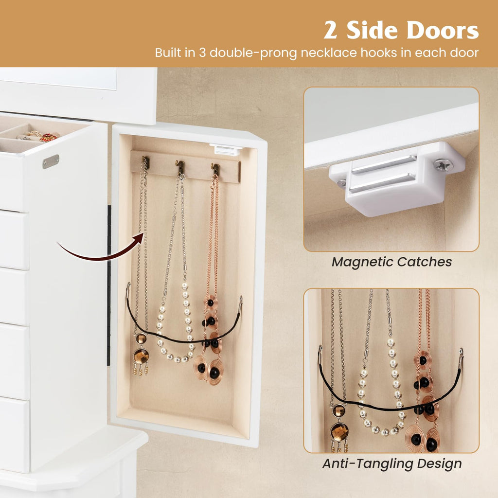 Standing Jewelry Armoire, Space-Saving Jewelry Organizer Chest (White)