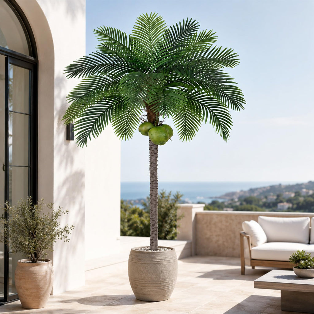 8ft Tall Artificial Phoenix Palm Tree with 3 Coconut Fruits, Large Fake Tropical Silk Tree Outside, Fake Tree Perfect