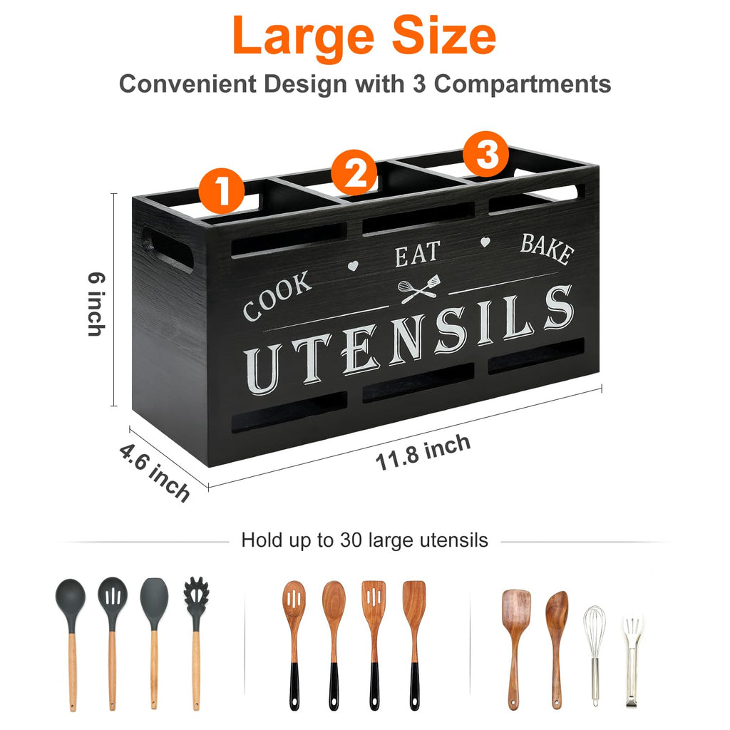 Large Black Wood Utensil Holder Decor Spoon Spatula Organizer