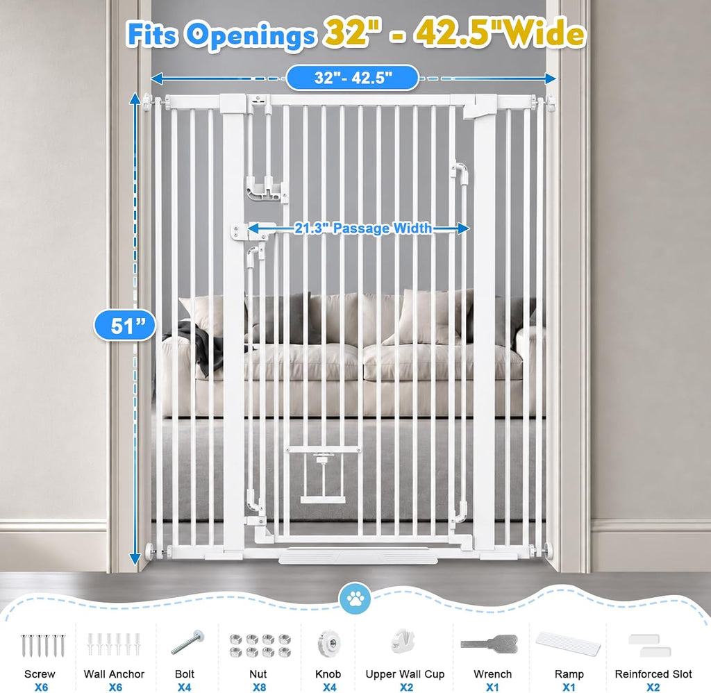 51" Extra Tall Pet Gate with Cat Door, 32-51" Wide Cat Gate for Doorways