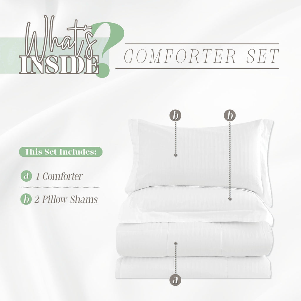 Premium Hotel Quality 100% Egyptian Cotton, 3-Piece Stripe Down Alternative Cotton Comforter Set - Box Stitched