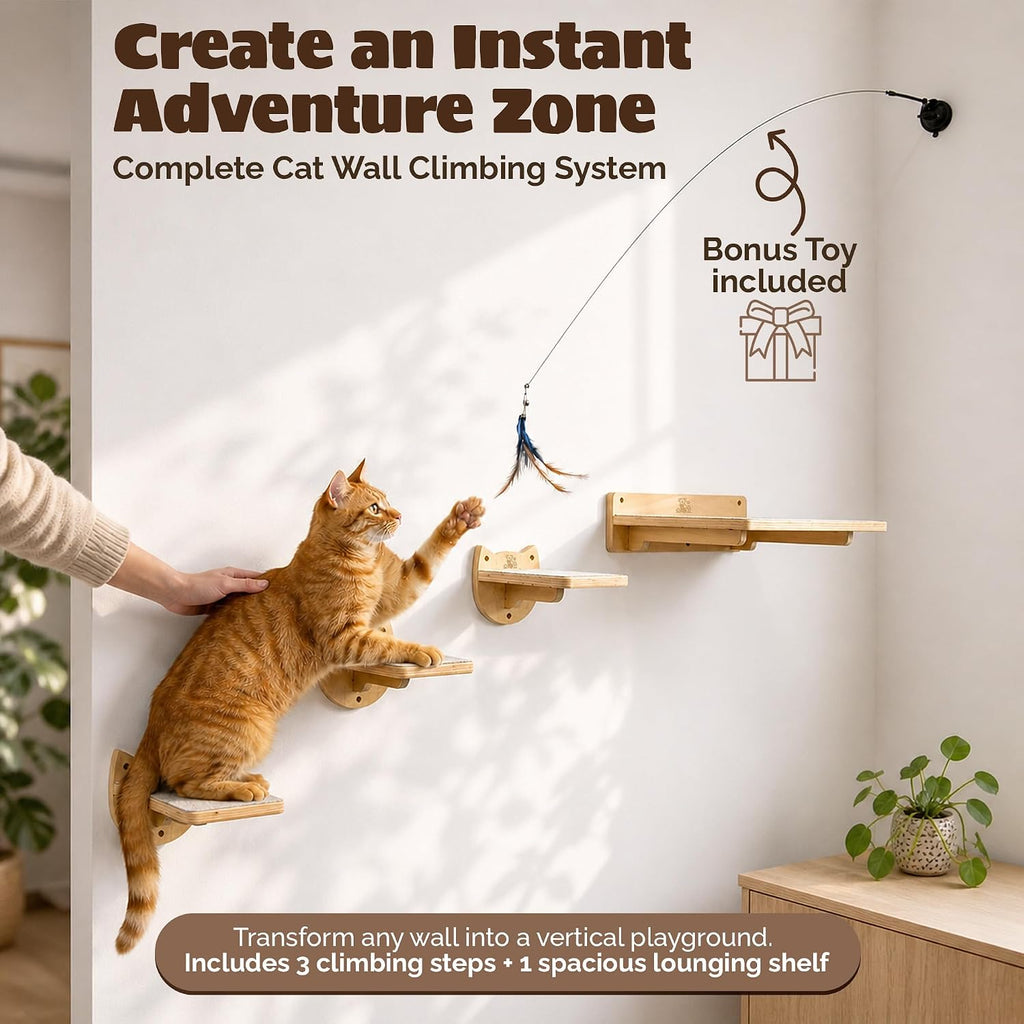 Cat Wall Shelves & Climbing System - Modern Furniture Set with 3 Steps & Perch for Indoor Cats, Includes Wand Toy