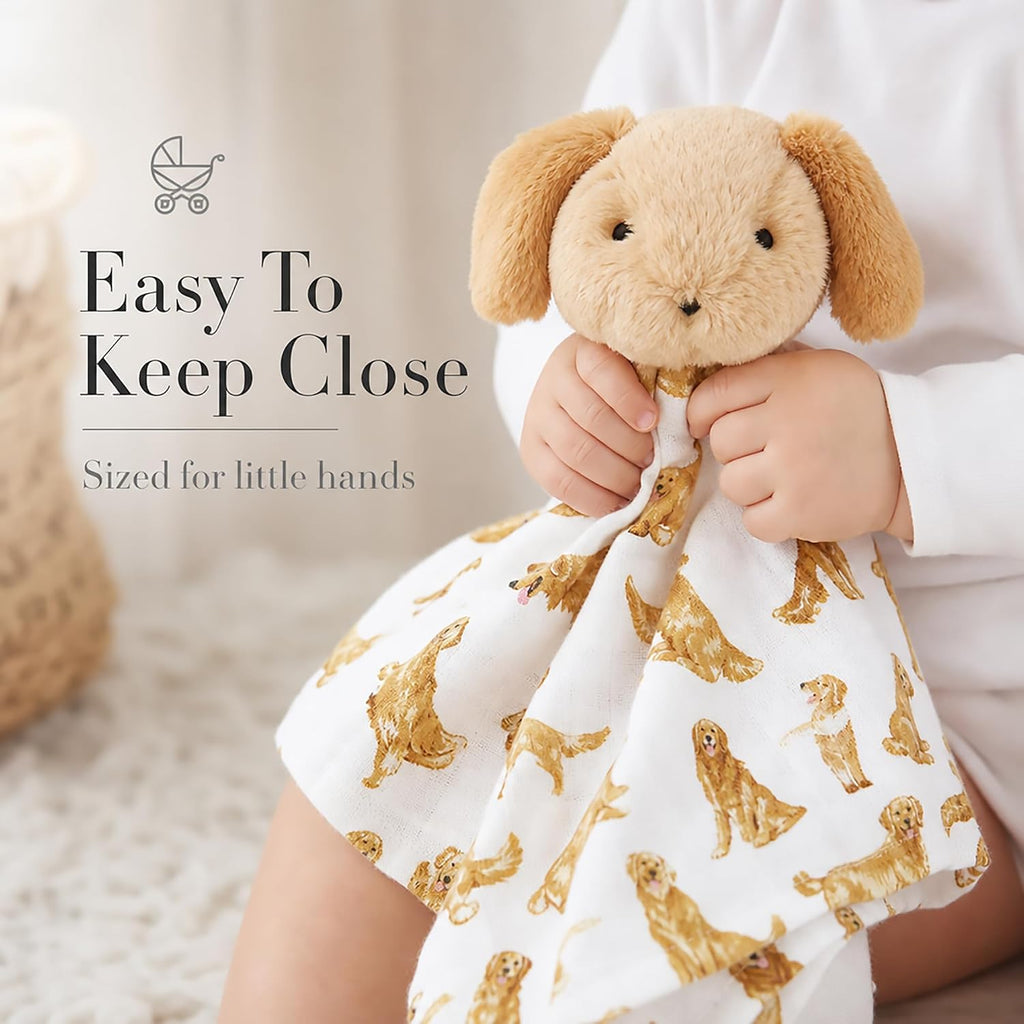 Golden Retriever Woobie Lovey Blanket, Plush Baby Security Blanket with Chime Rattle and Minky Lining