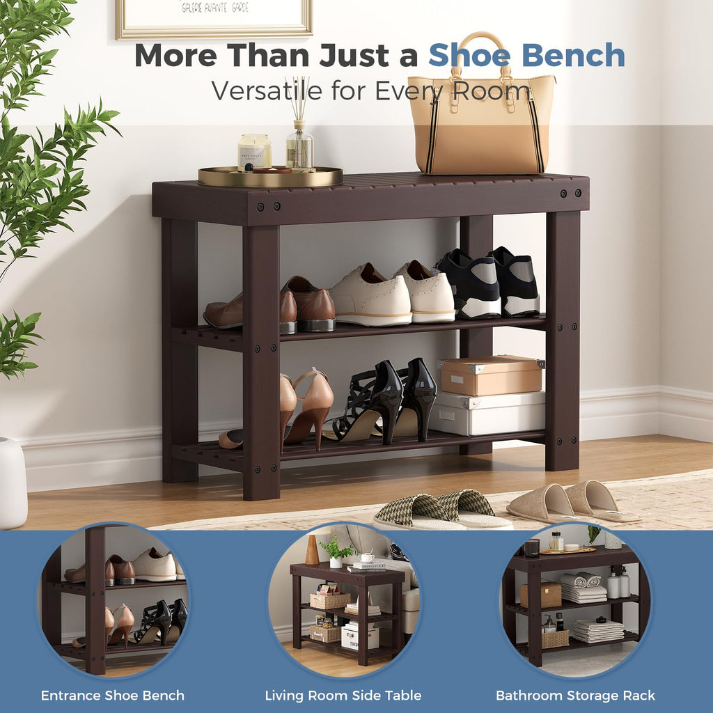 3-Tier Wooden Shoe Rack Bench with Storage