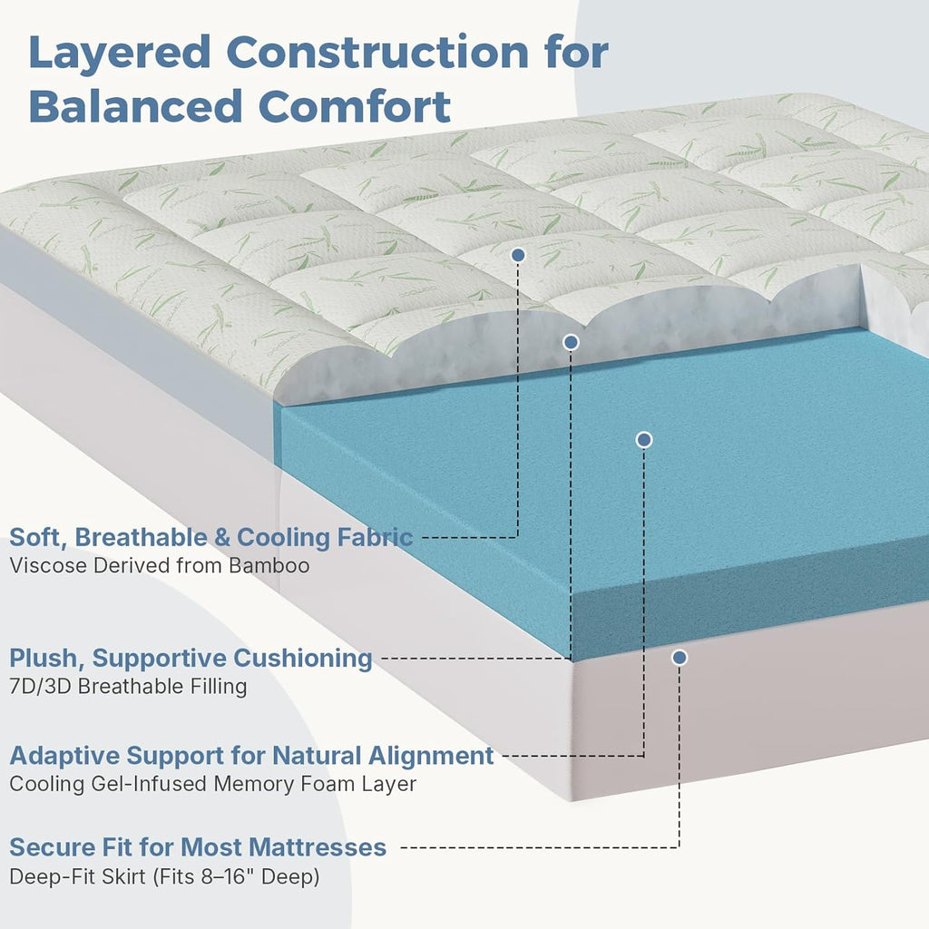 Queen 3in Dual Layer Gel Memory Foam Bamboo Rayon Mattress Topper | 2 Inch Memory Foam & 1 Inch Bamboo Rayon Pillow