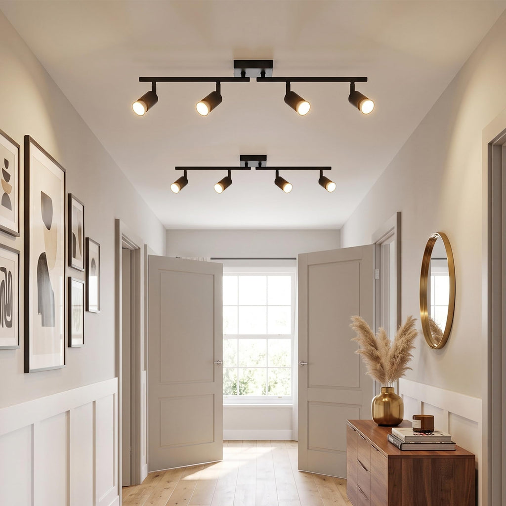 Black Track Lighting Kit - Adjustable GU10 Ceiling Spotlights, Modern Hardwired Flush Mount Fixture Island