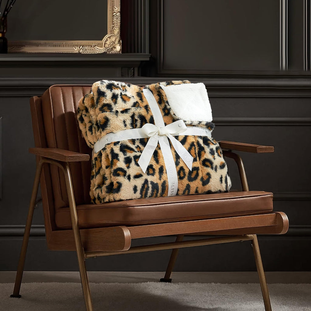 Bliss Leopard Print Faux Fur Throw Blanket, 60"×80", Brown Leopard