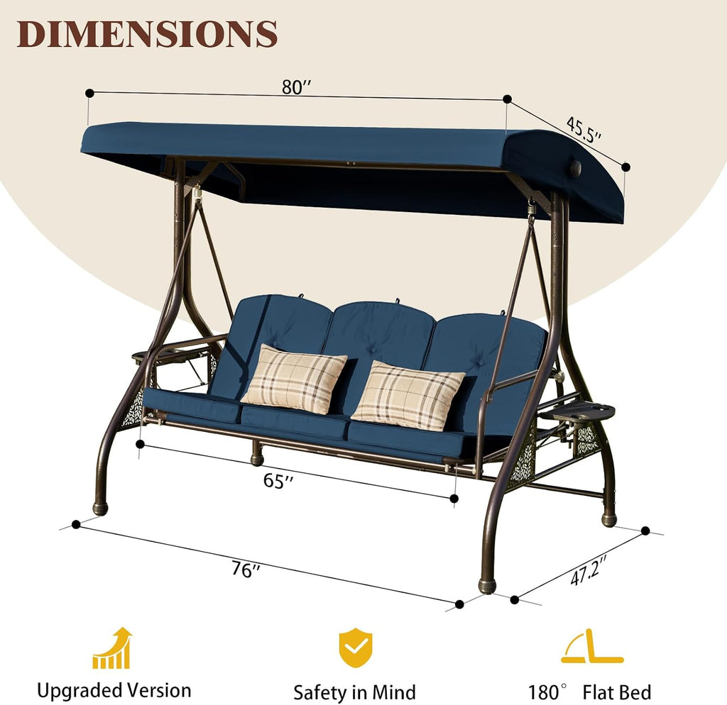 3 Seat Outdoor Patio Porch Swing with Stand and Adjustable Canopy | 3 in 1 Chair Swing Bed, 180° Recline, Heavy Duty