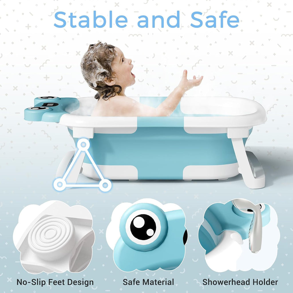 Baby Bathtub, Collapsible Newborn Bathtub for Infant to Toddler with Soft Cushion and Thermometer,Portable Travel
