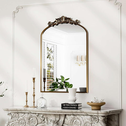Traditional Vintage Gold Mirror, Antique Arched Mirror, Bronze Decor Wall Mirrors, Large Baroque Mirror with Aluminum