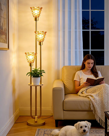 3-Light Modern Glass Floor Lamp with Shelf, Gold Tall Standing Lamp with Amber Flower Glass Shade, LED Floor Lamp
