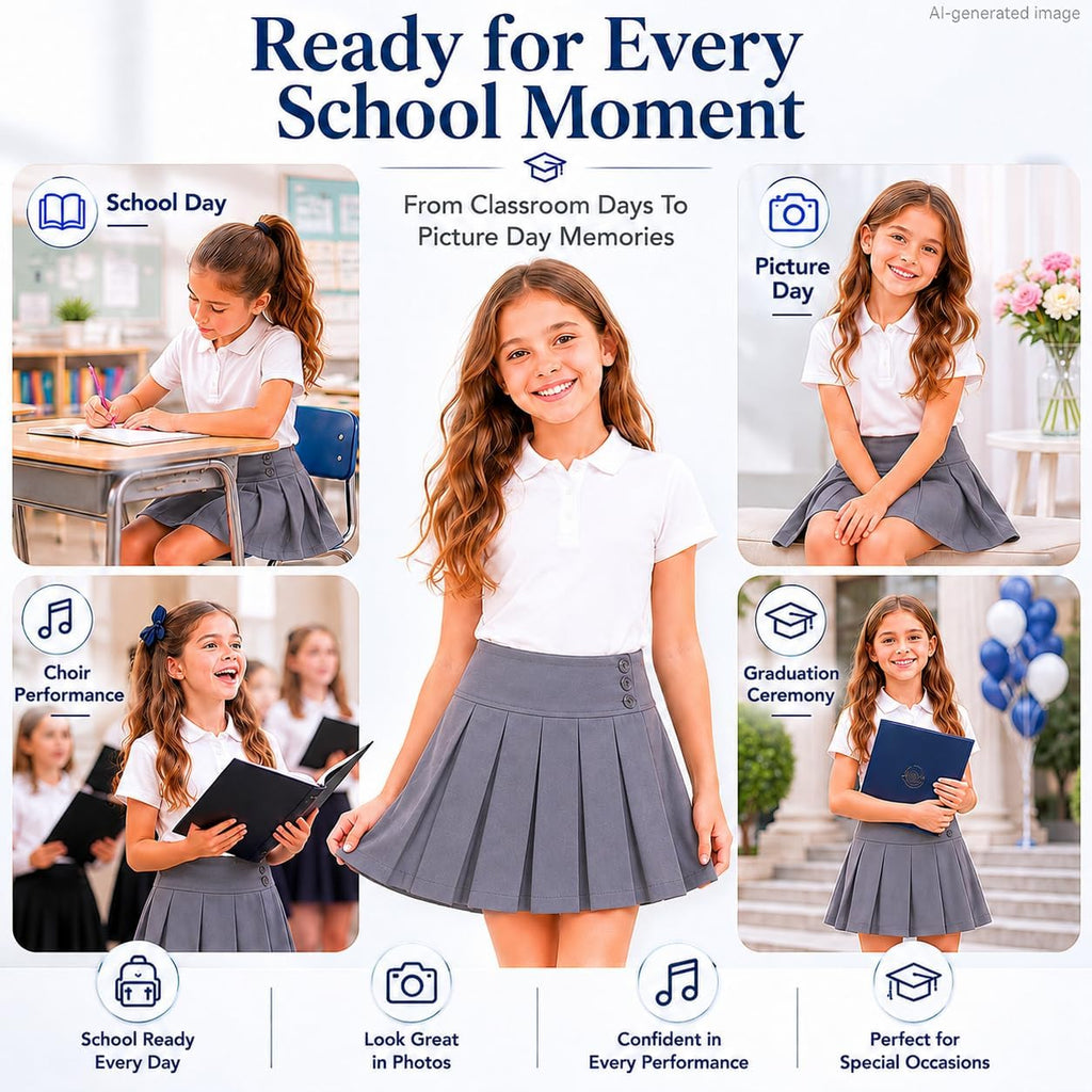 Girls Uniform Pleated Skirt: Adjustable Waist Skort