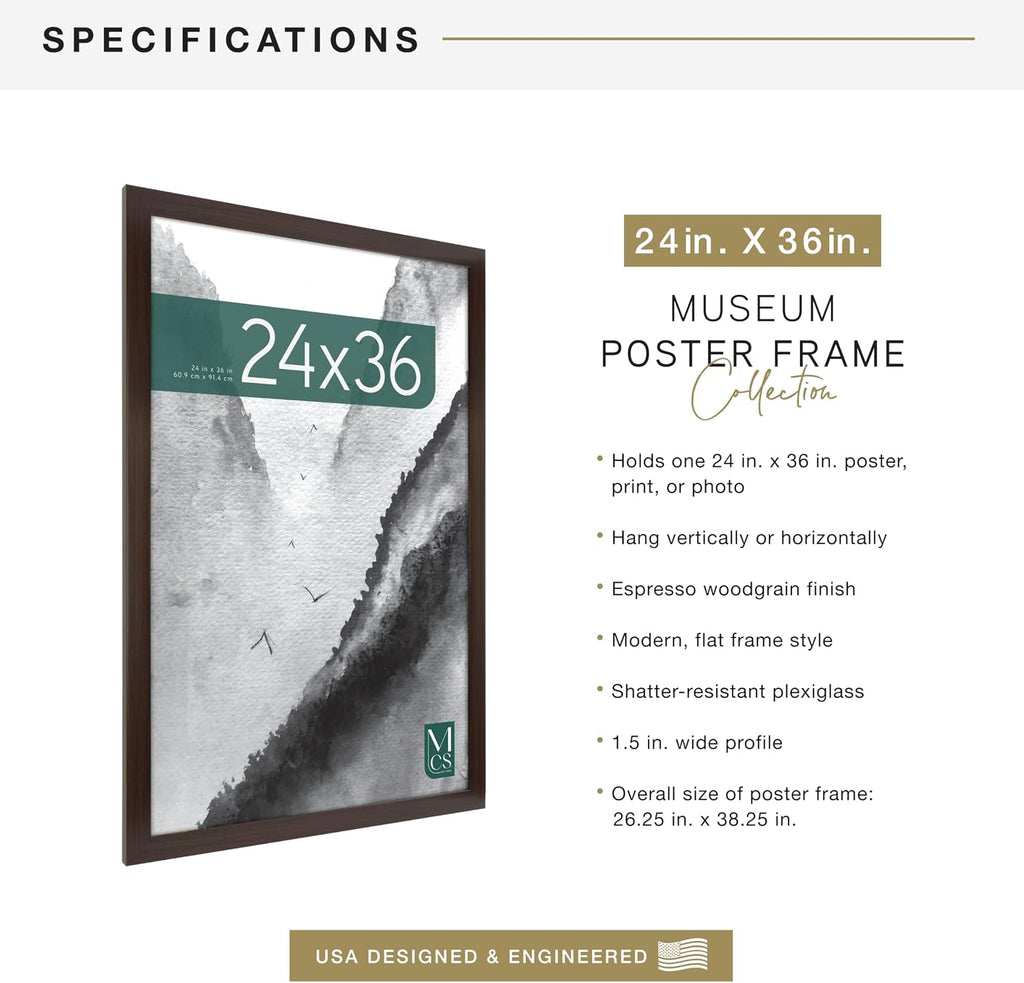 Museum Poster Frame, 24x36, Espresso Woodgrain | Museum Collection Poster Frame For Photos & Art Prints, 24x36 Inch