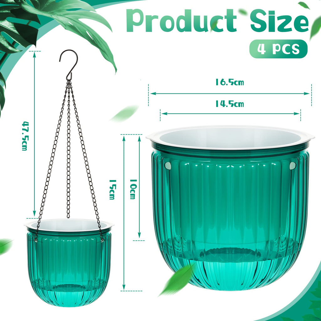 4 Pcs Self Watering Hanging Planters 6.5 Inch with Chains, Emerald