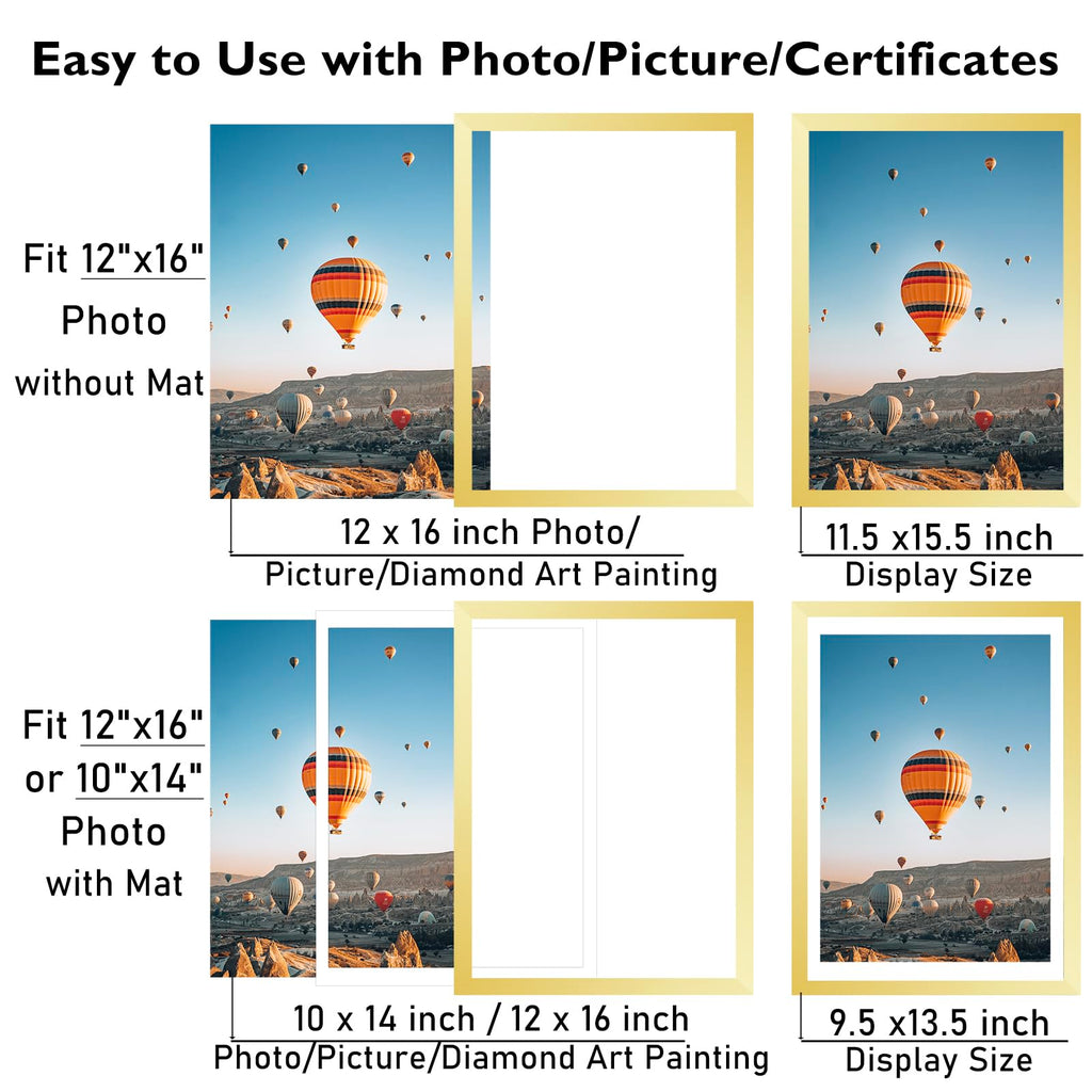 12x16 Picture Frame Set of 2 Gold With 10x14 Mat for 30 x 40cm Diamond Art Painting, Display Photo 10x14 or 12 x 16