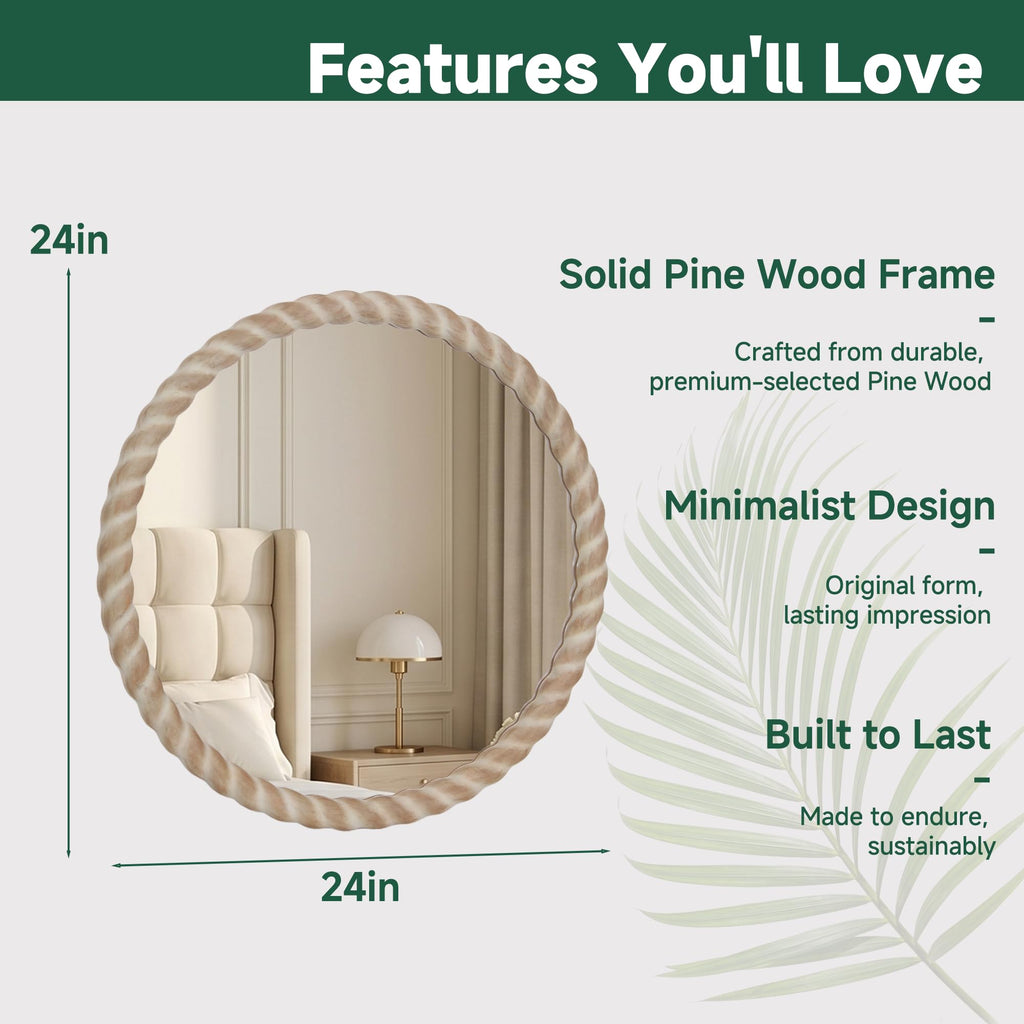 24"x24" Round Solid Wood Farmhouse Decorative Wall Mirror