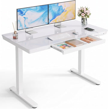 Glass Standing Desk with Drawer, 48 x 24 inch Electric Standing Desk, Height Adjustable Desk with One-Piece Tabletop
