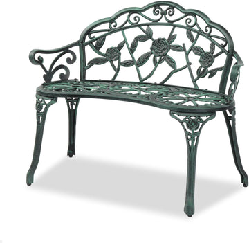 Outdoor Metal Patio Bench, Vintage Porch Bench with Rose Pattern and Curved Legs, Weather Resistant Garden Chair for