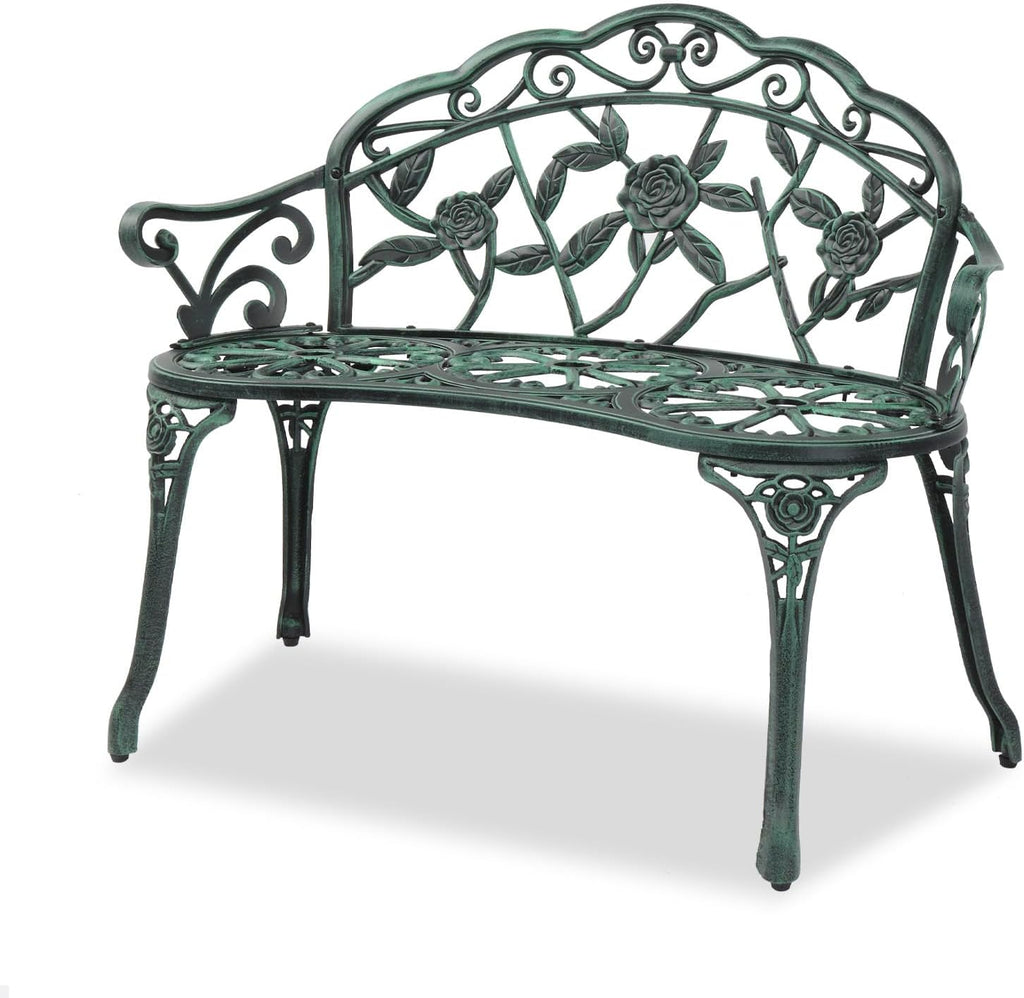 Outdoor Metal Patio Bench, Vintage Porch Bench with Rose Pattern and Curved Legs, Weather Resistant Garden Chair for