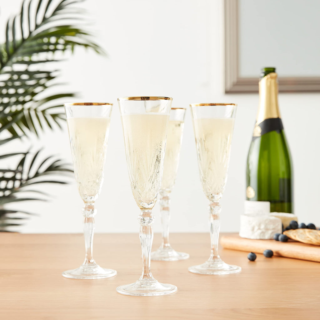 Siena Collection Crystal Flute Glass with Gold Band Design, Set of 4