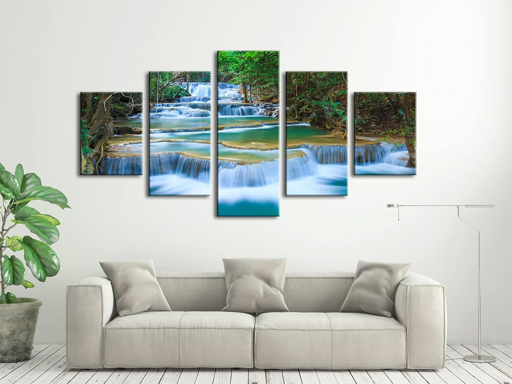 Peaceful Waterfall 5 Panels Large Canvas Paintings Wall Art Modern Gallery Wrapped Landscape Forest Giclee Canvas