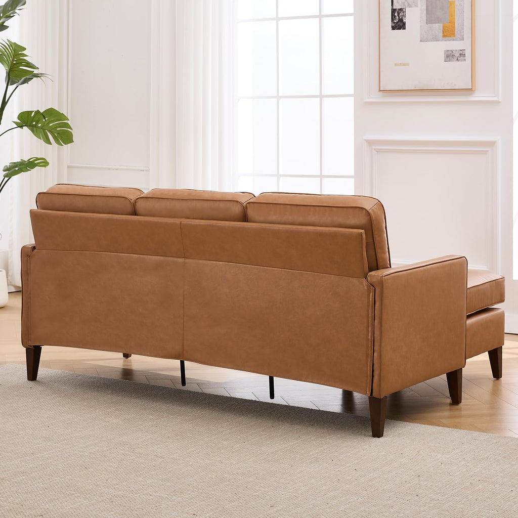 Faux Leather L Shaped Couch with Solid Wood Feet, 3-Seater Sofa with Reversible Chaise, Sectional Couches, Cognac