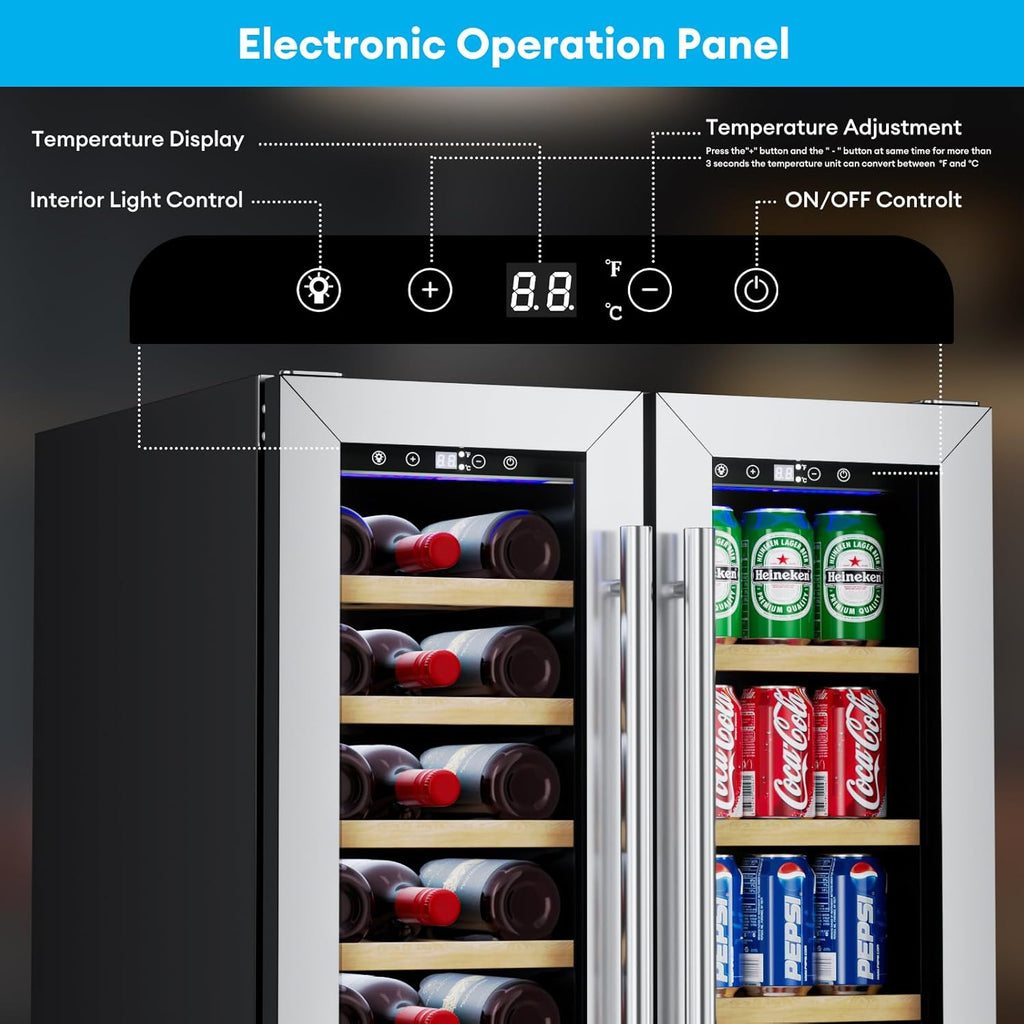 Wine and Beverage Refrigerator, 24 Inch Dual Zone Wine Cooler with Glass Door&Lo