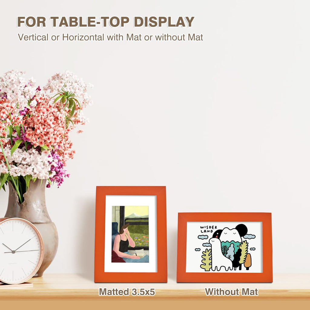 4x6 Frame Orange, Solid Wood 4 x 6 Picture Frame with Acrylic Plexiglass for 3.5x5 with Mat, Tabletop and Wall