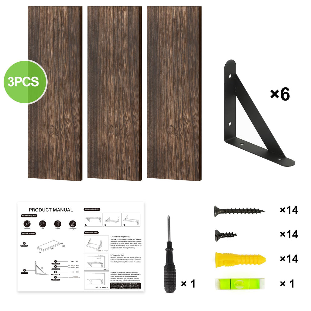 Wall Floating Shelves Decor (Brown, Set of 3, 16.5 Inch)