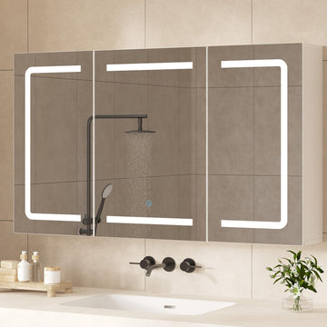 Medicine Cabinet Organizer with Mirror, Lighted Bathroom Medicine Cabinet with Storage, 3 Doors Bathroom Wall Cabinet
