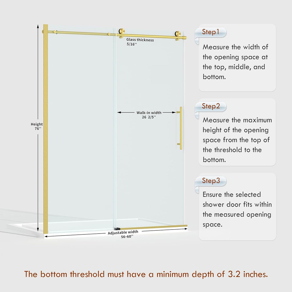 56-60” x 76” Frameless Shower Door, 5/16" (8mm) Clear SGCC Tempered Glass, Bathroom Glass Sliding Shower Doors