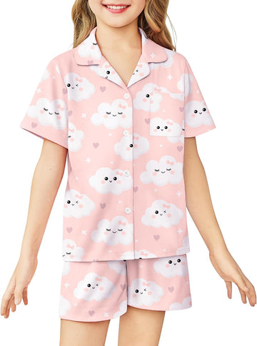 Girls Pajamas Sets Short Sleeve Kids Pjs Button Down Sleepwear