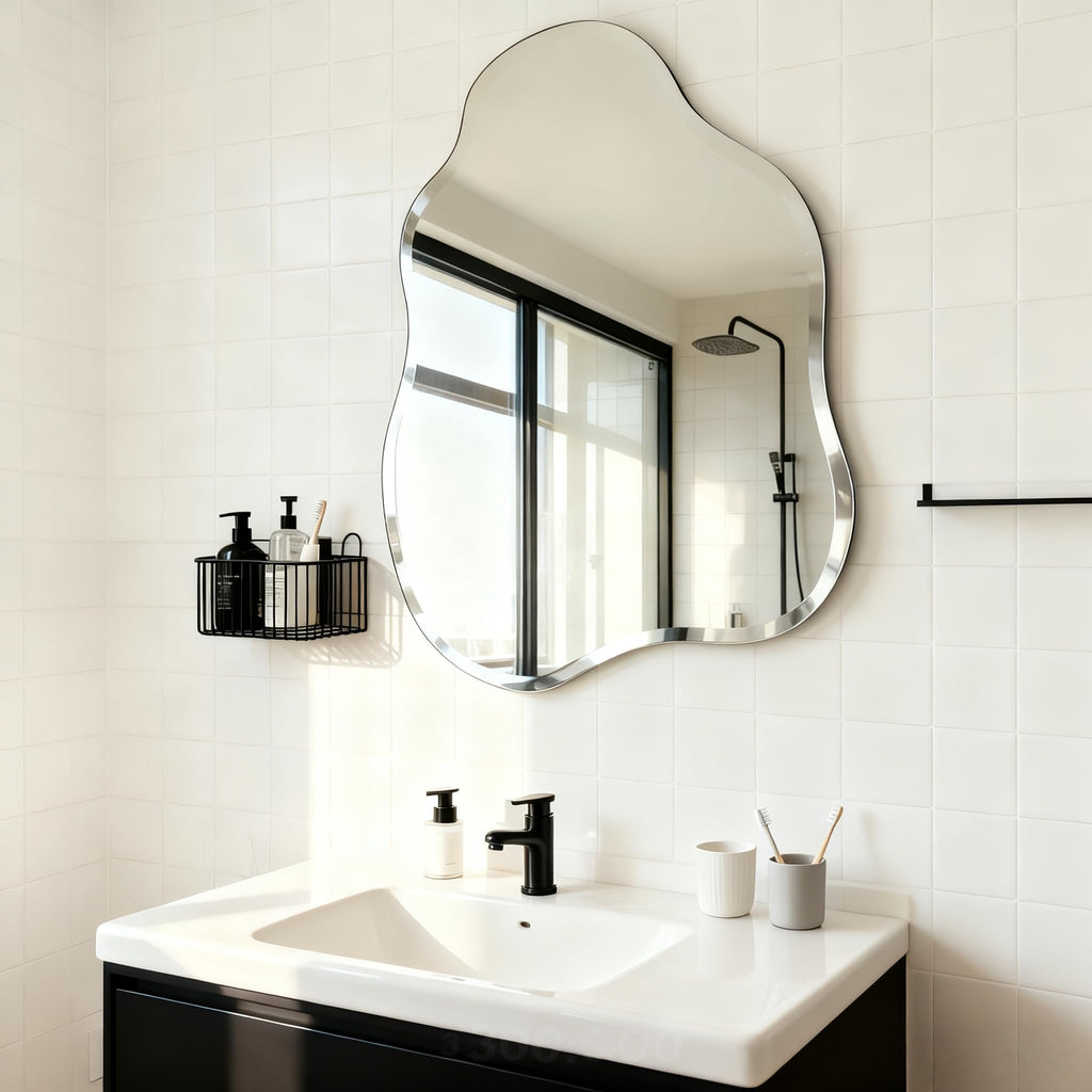 Cloud Shaped Frameless Wall Mirror, 20x28 Inch, Beveled Edge Vanity Mirror