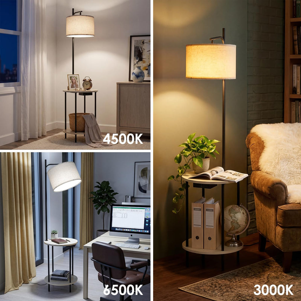 Floor Lamp with Table, USB/Type-C/AC Charging Ports, 9W LED Bulb, Round Table & Nightstand (Light Off-White)