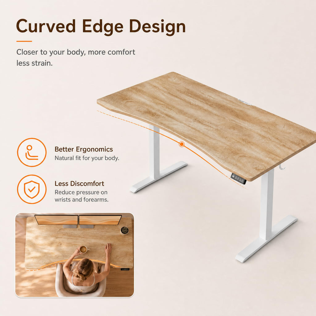 63x32 Electric Standing Desk, Curved Oak Desktop