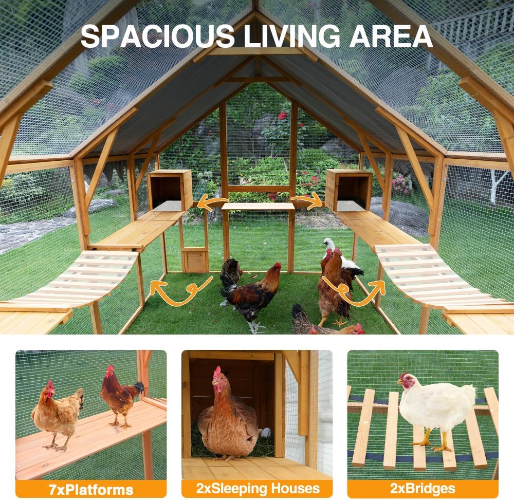 Large Outdoor Wooden Cat Enclosure with Walk-in Design and Waterproof Cover for Cats, 110 Inch Yellow Kitten Playpen