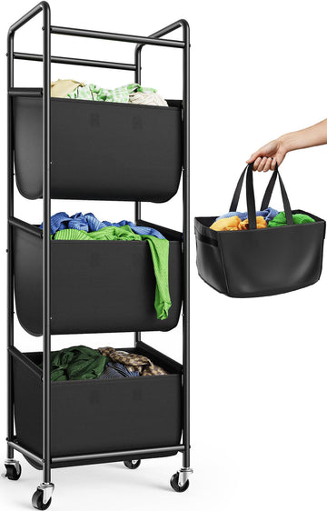 3 Section Laundry Sorter with Removable Bags, 120L Rolling Vertical Laundry Hamper, Stackable Laundry Baskets