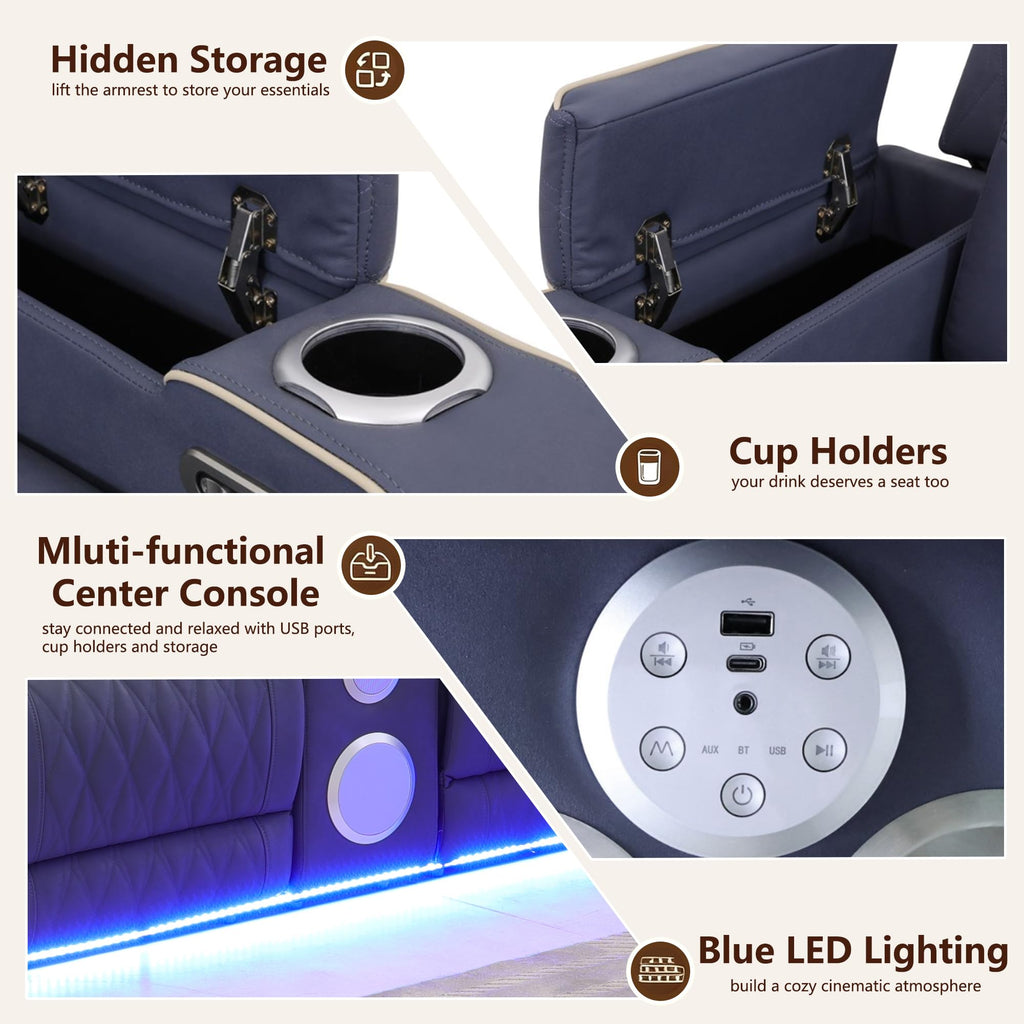 Power Reclining Sectional Couch with Speakers, Faux Leather Recliner Sofa, L-Shaped Reclining Sectional with LED