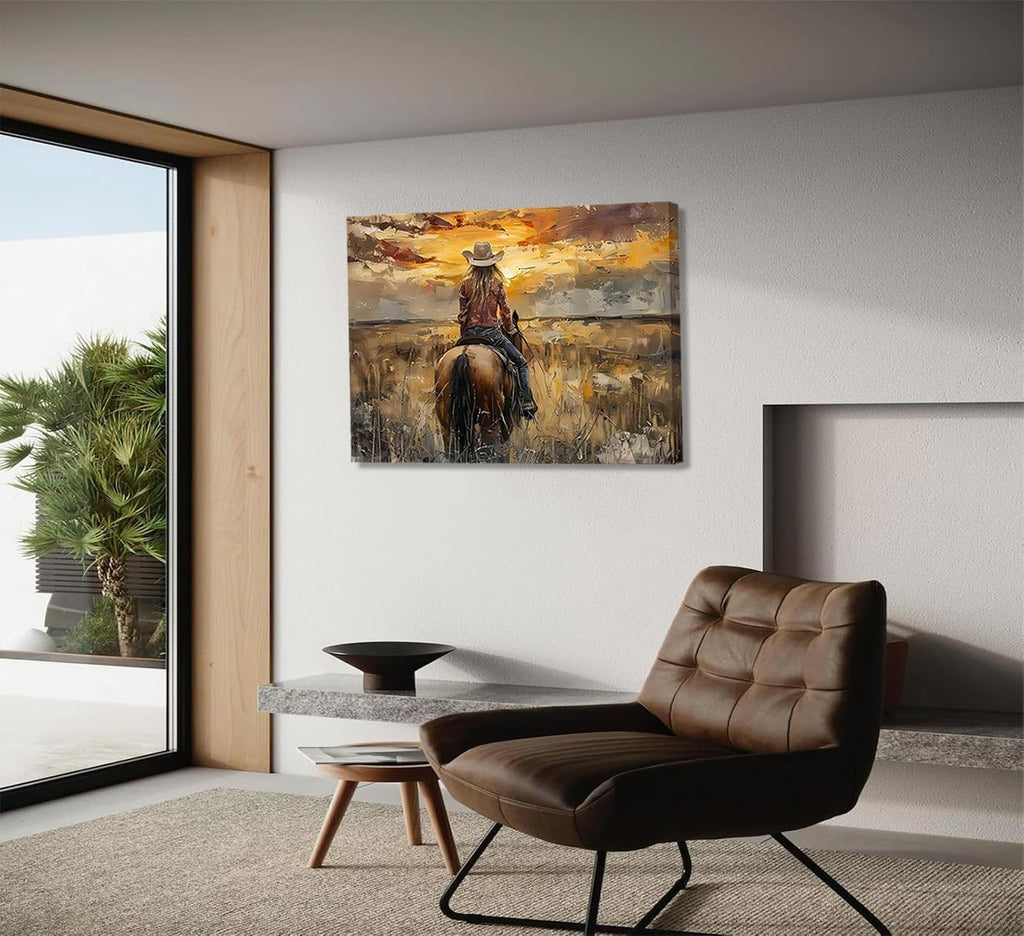 Western Cowgirl Riding Horse Canvas Wall Art Cowgirl Wall Decor Pictures Sunset Countryside Landscape Painting Print
