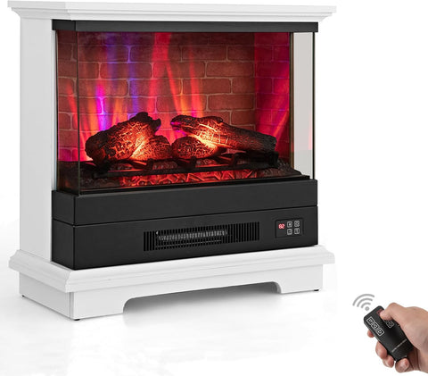 27 Inch Electric Fireplace with Mantel, 3-Sided Glass View, Wooden Surround Firebox, Freestanding Heater with 7 Flame Colors, Remote Control, Timer, Overheat Protection, 1400W, White