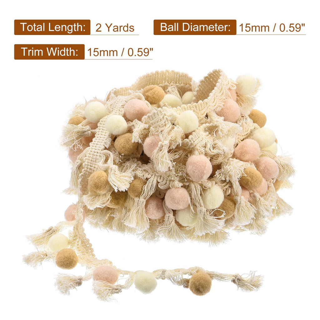 Pom Pom Ball Fringe Trim, Ribbon Sewing DIY Crafts Accessory Curtain Clothes Pillow Decoration, Beige - 2 Yards