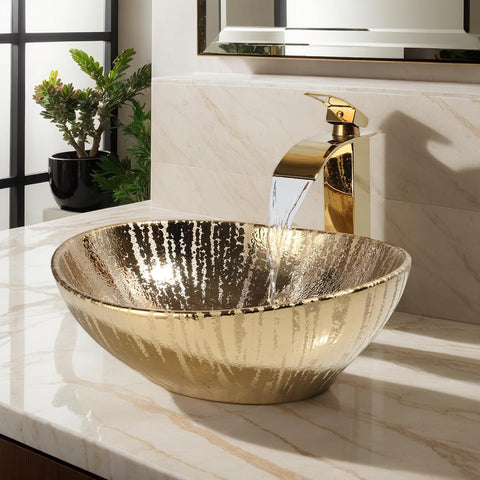 Gold Ceramic Bathroom Vessel Sink with Faucet and Drain Combo Bowl Above Counter Vessel Sink Oval for Modern Luxury